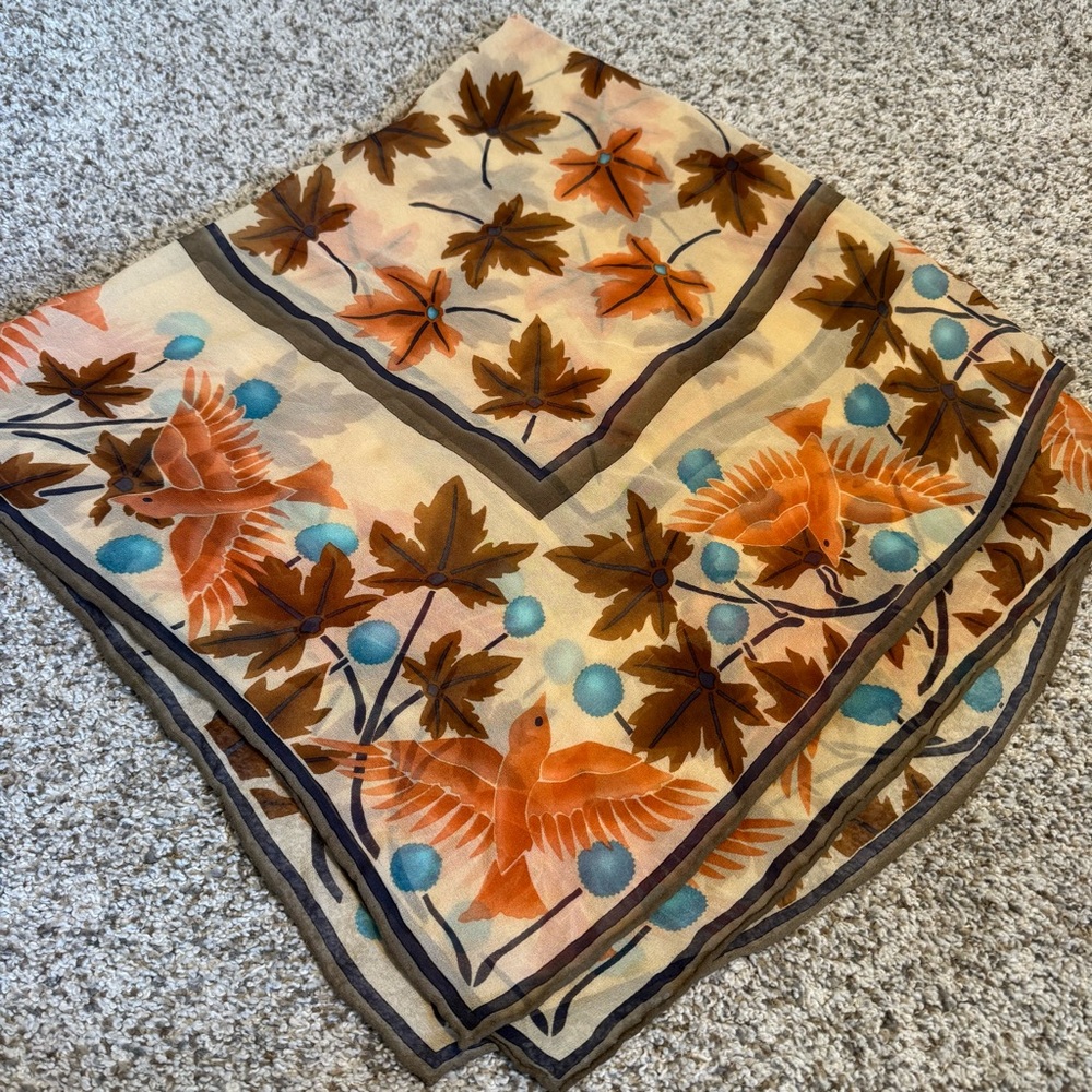 Audrey Talbot Vintage-Inspired Bird & Leaf Silk Scarf in Orange, Brown & Teal